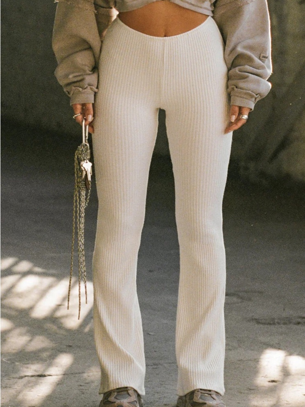 Joah Brown Ribbed Cream Flare Pants